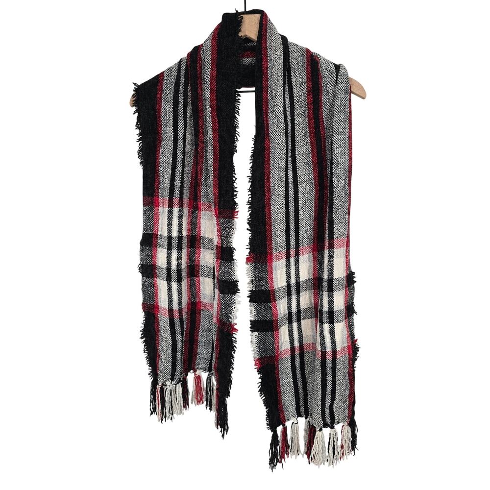 Style & Co Plaid Fringe Scarf Red Black Cozy Knit Winter OS